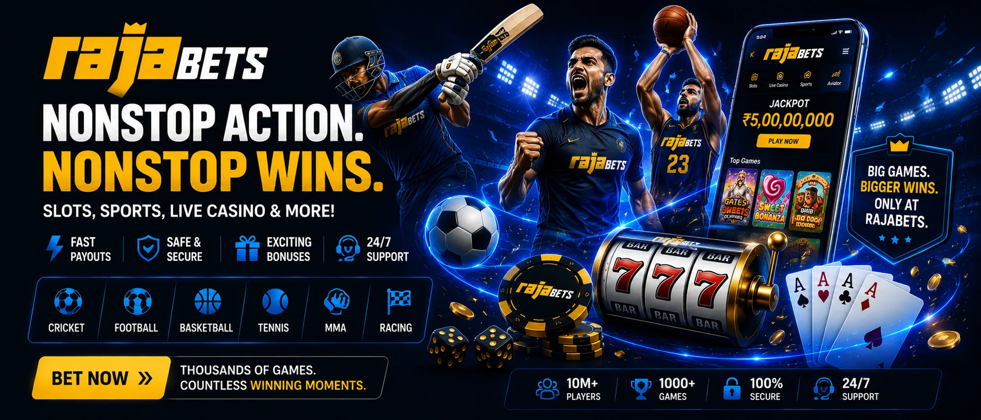 Rajabets India betting website featuring cricket sportsbook, live dealer casino, fast withdrawals, mobile betting experience, and online casino entertainment in India