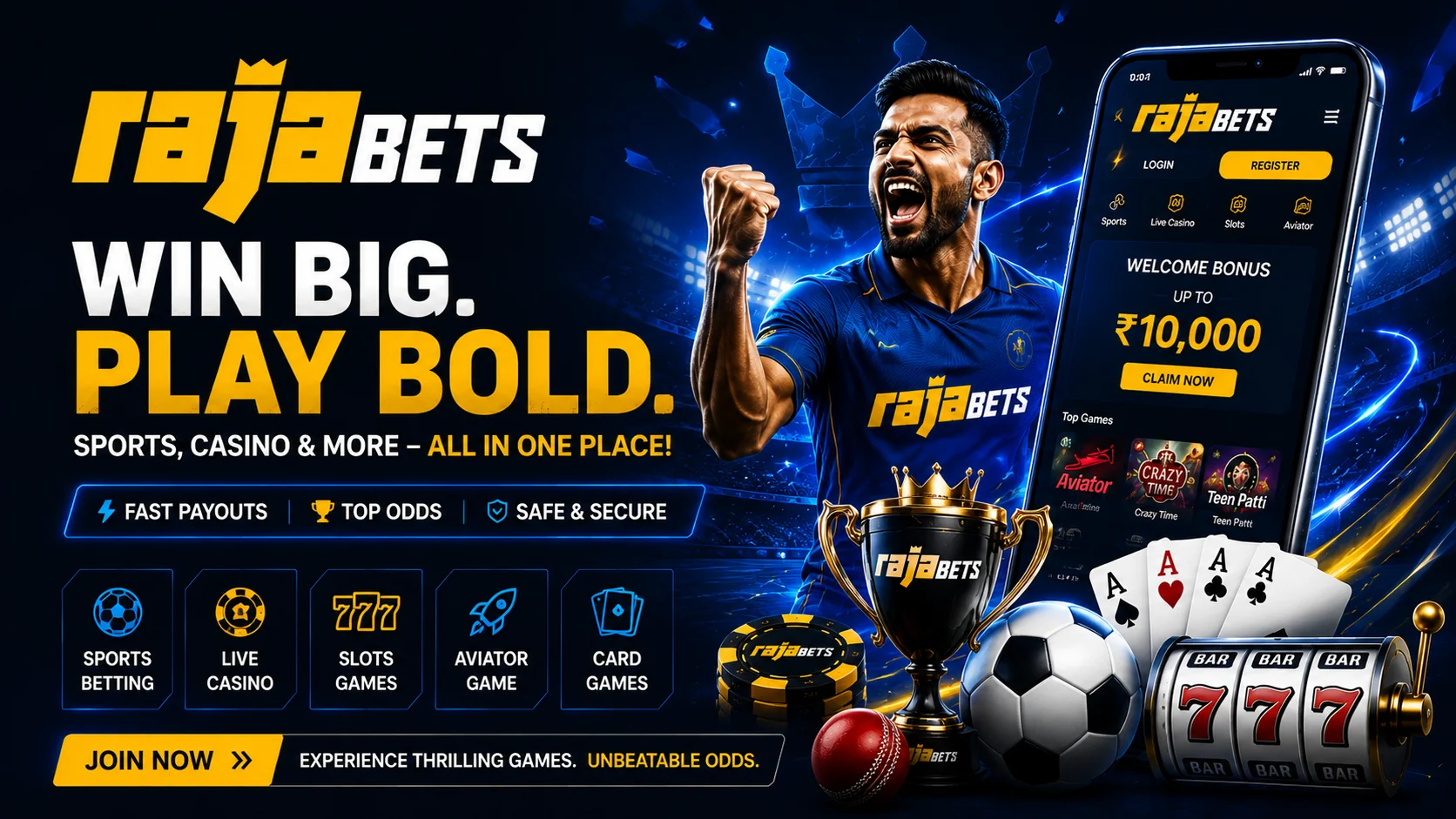 Rajabets India online sportsbook and casino platform with IPL betting, live casino games, mobile betting app, and secure payment methods for Indian players